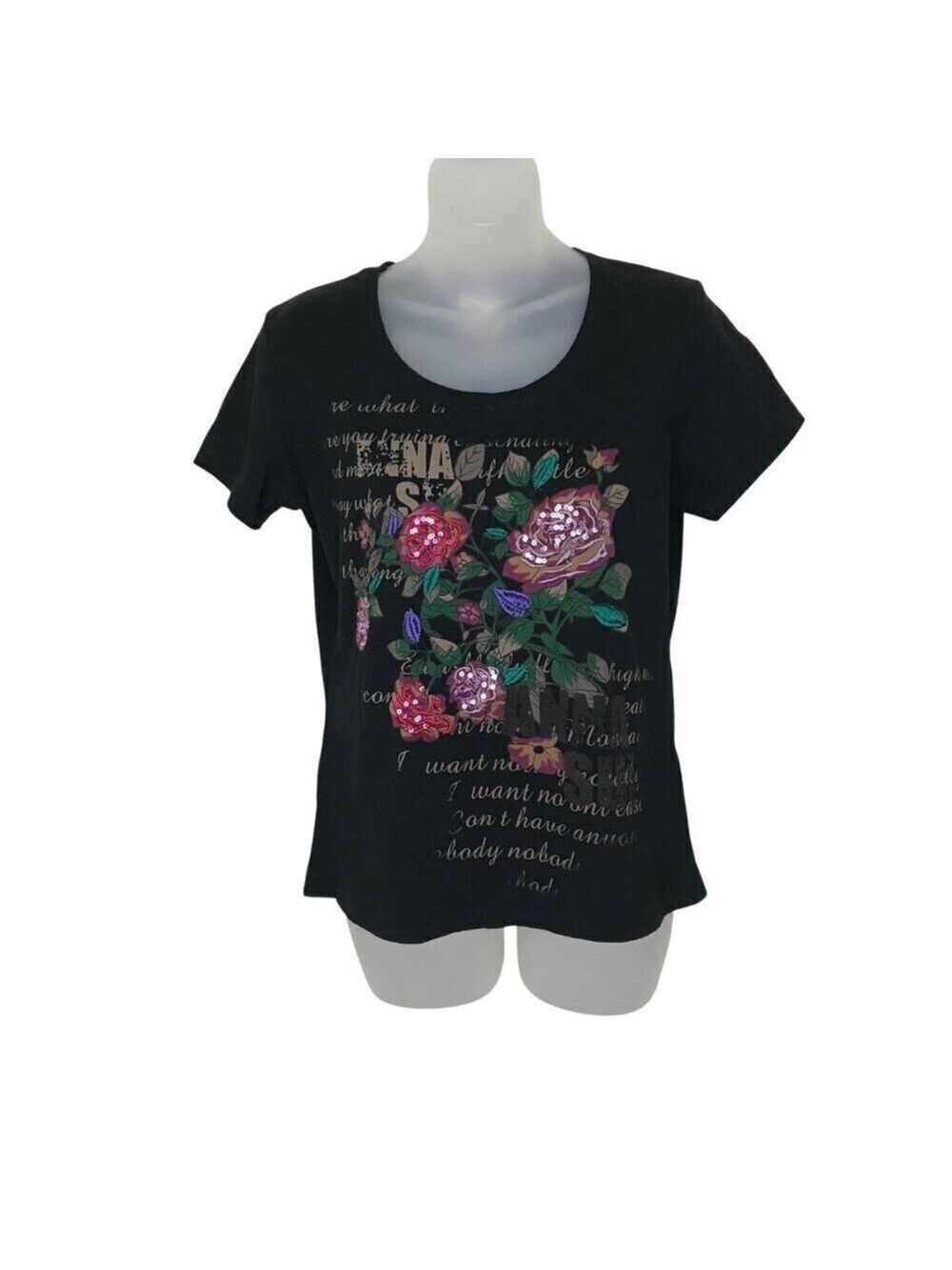 Anna Sui Black Floral Embellished T-shirt With Lace Back Size M